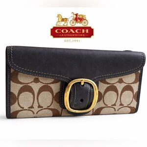 Coach Bleecker Signature Buckle Wallet Brown Black Leather Canvas